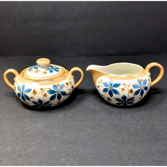 VTG Celebrate German Lusterware Cream And Sugar Peach/Blue Porcelain Germany - Picture 1 of 16